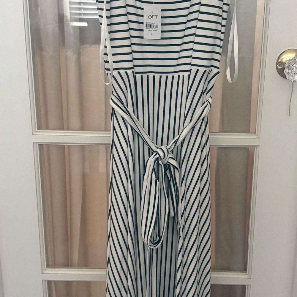 LOFT White and Navy Striped Tie-Waist Maxi Dress